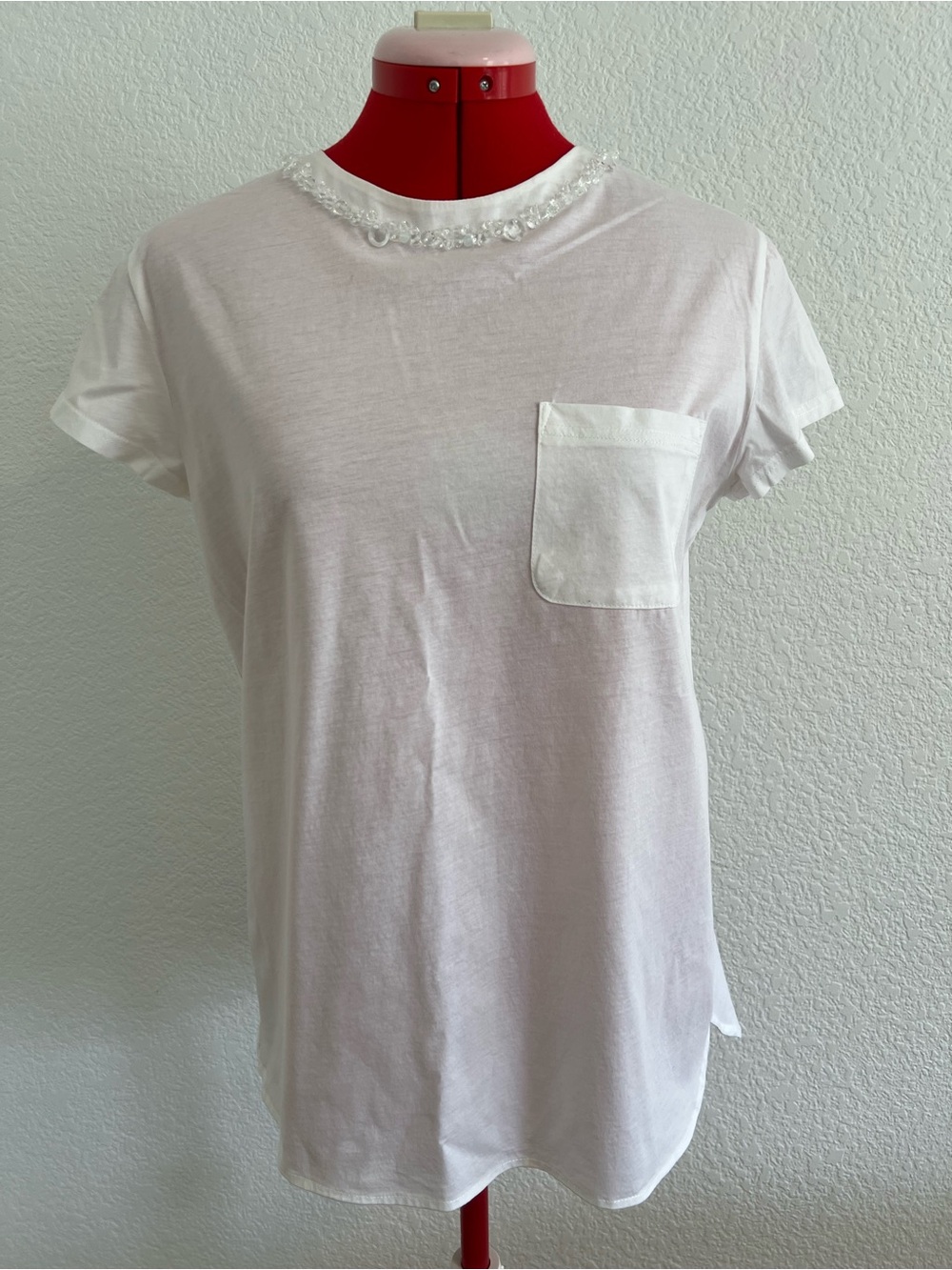 Lusio White Embellished Crew Neck Short Sleeve Pocket Tee Medium